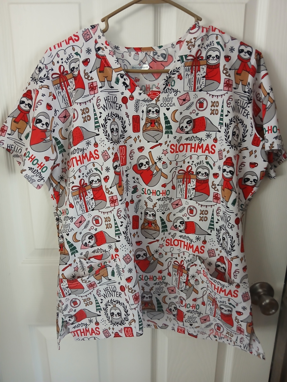 Womens Scrubaid Medical Scrub Top Merry Slothmas Sloth Christmas Holiday XL